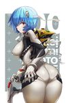  alternate_breast_size ass ayanami_rei back bandage_over_one_eye bandages bangs blue_hair blush bodysuit bracer breasts character_name covered_nipples cowboy_shot curvy expressionless from_behind gloves grey_background hair_ornament hand_on_ass highres holding kirii large_breasts looking_at_viewer looking_back neon_genesis_evangelion number pilot_suit plugsuit red_eyes short_hair skin_tight solo standing thick_thighs thighs turtleneck twisted_torso white_bodysuit 