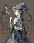  absurdres bad_id bad_pixiv_id blue_eyes brown_hair cape crystal earrings elf facial_mark floral_background flower gem gloves hat highres jewelry neckerchief original pointy_ears shiguma_(sigmasmail) solo staff witch witch_hat 