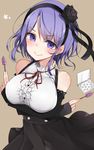  black_skirt breasts center_frills cole crossed_arms dagashi_kashi flower hair_flower hair_ornament hair_ribbon hairband high-waist_skirt large_breasts looking_at_viewer purple_eyes purple_hair ribbon shidare_hotaru short_hair skirt smile solo suspender_skirt suspenders 