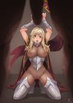  armor ass_visible_through_thighs bdsm blonde_hair blue_eyes bodysuit boots breasts cape chain erection fishnet_bodysuit fishnets gorget highres kneeling large_breasts nipples original penis pussy rebe11 solo_focus 