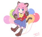  :3 animal_ears artist_name bad_id bad_twitter_id balloon blue_eyes blush cat_ears cat_tail dated full_body gloves hashimoto_nyaa jikuno kneehighs loafers osomatsu-san paw_gloves paws pink_hair school_uniform shoes simple_background solo tail white_background 