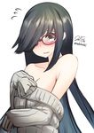  bad_id bad_pixiv_id bare_shoulders black_hair blush brown_eyes dated glasses hair_over_one_eye hayashimo_(kantai_collection) kantai_collection long_hair nekobaka off_shoulder ribbed_sweater solo sweater 
