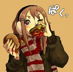  blush brown_eyes brown_hair earmuffs eating food hair_ornament hairclip hamburger highres holding holding_food ketchup messy nara_(sikasika) one_eye_closed original pinky_out scarf simple_background solo sweater yellow_background 