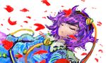  blouse blue_shirt closed_eyes colored_eyelashes eyebrows frilled_shirt_collar frills hairband heart komeiji_satori lips long_sleeves messy_hair petals plus purple_hair ribbon-trimmed_collar ribbon_trim rose_petals shirt short_hair simple_background solo touhou white_background 