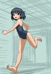  bad_id bad_pixiv_id barefoot black_hair blue_eyes one-piece_swimsuit open_mouth original rohitsuka running school_swimsuit short_hair solo swimsuit 