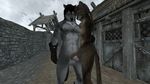  anthro boots breasts canine clothing erection feline female footwear handjob khajiit male male/female mammal necklace on_top penis screencap sex skyrim smile the_elder_scrolls video_games wolf 