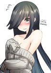  bad_id bad_pixiv_id bare_shoulders black_hair blush brown_eyes dated hair_over_one_eye hayashimo_(kantai_collection) kantai_collection long_hair nekobaka off_shoulder ribbed_sweater solo sweater 