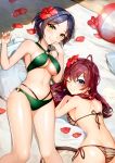  2girls absurdres ahoge ball bangs bare_shoulders beachball bikini blue_eyes blue_hair blush breasts brown_hair cleavage closed_mouth collarbone commentary_request criss-cross_halter earrings flower green_bikini hair_between_eyes hair_flower hair_ornament halter_top halterneck hayami_kanade highres hips ichinose_shiki idolmaster idolmaster_cinderella_girls jai_(whany1998) jewelry long_hair looking_at_viewer lying medium_breasts multiple_girls navel o-ring on_back one_eye_closed parted_bangs petals short_hair smile swimsuit towel wavy_hair yellow_eyes 