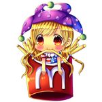  :3 american_flag_dress blonde_hair chibi chocolat_(momoiro_piano) clownpiece food french_fries hat jester_cap long_hair mcdonald's minigirl mouth_hold red_eyes solo touhou very_long_hair wings 