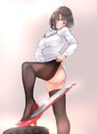  ass blush bottomless breasts brown_eyes brown_hair high_heels highres kantai_collection large_breasts long_sleeves no_jacket shirt short_hair solo studded_trim takao_(kantai_collection) thighhighs thighhighs_pull tsukino_wagamo 