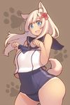  animal_ears aqua_eyes blonde_hair brown_background clenched_hands cowboy_shot dog_ears dog_tail floating_hair flower hair_flower hair_ornament kantai_collection long_hair mogu_(kanikama_mgmg) neckerchief no_pants one-piece_swimsuit open_mouth paw_pose paw_print ro-500_(kantai_collection) school_swimsuit school_uniform serafuku sleeveless solo swimsuit swimsuit_under_clothes tail tan tanline 