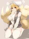 alternate_costume alternate_eye_color amua bad_id bad_pixiv_id bangs between_legs blonde_hair bottomless breast_press breasts brown_eyes buttons clenched_hand covering covering_crotch fox_tail full_body grey_background hair_between_eyes hand_between_legs hand_to_own_mouth hat large_breasts long_hair long_sleeves looking_at_viewer multiple_tails no_shoes open_clothes open_vest pillow_hat ribbed_sweater seiza shadow shirt_tug short_hair simple_background sitting solo sweater tail taut_clothes thick_thighs thighhighs thighs touhou turtleneck unbuttoned vest white_legwear yakumo_ran yellow_eyes 