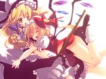  :d ass blonde_hair bloomers bow braid closed_eyes dress fang flandre_scarlet glomp hair_bow hat hug kirisame_marisa mary_janes multiple_girls open_mouth ponytail shima_chiyo shoes short_hair side_ponytail smile socks touhou underwear wings witch_hat yellow_eyes 