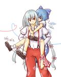  abarenbou_jieneraru bad_feet barefoot blue_eyes blue_hair carrying cirno fujiwara_no_mokou hair_ribbon heart heart_of_string ice long_hair multiple_girls no_nose red_eyes ribbon shirt shoes single_shoe smile socks suspenders touhou white_shirt wings 