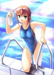  armpits brown_hair competition_swimsuit goggles goggles_on_head green_eyes kimi_ga_nozomu_eien legs norizou_type-r one-piece_swimsuit pool pool_ladder refraction short_hair solo suzumiya_akane swim_cap_removed swimsuit 