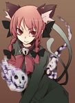  animal_ears bad_id bad_pixiv_id bow braid cat_ears cat_tail collar hair_bow kaenbyou_rin kuroi_mizore lock long_hair multiple_tails red_eyes red_hair skull slit_pupils smile solo tail touhou twin_braids 