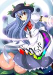  blue_hair food fruit hat hinanawi_tenshi long_hair ooji_cha peach red_eyes solo touhou 