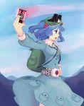  1girl backpack bag belt blue_eyes blue_hair card hair_bobbles hair_ornament holding holding_card jean_(jean_sp) kamen_rider kamen_rider_dcd kawashiro_nitori short_hair solo touhou twintails two_side_up 