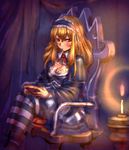  blonde_hair blush bow_(bhp) breasts cleavage dress gothic_lolita handheld_game_console large_breasts lolita_fashion long_hair original playing_games red_eyes sitting solo striped striped_legwear thighhighs 