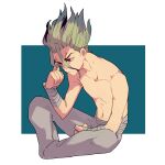  1boy absurdres blue_background dr._stone grey_pants highres ishigami_senkuu kuroha_dayo male_focus navel pants red_eyes simple_background sitting solo spiked_hair thinking topless_male two-tone_background white_background 