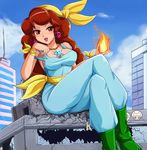  bandana boots breasts broken brown_eyes brown_hair building captain_syrup cleavage cloud covered_nipples crossed_legs day earrings fire giantess jewelry large_breasts long_hair mario_(series) necklace pants sash shirt sigurd_hosenfeld sitting skull sky skyscraper solo starman_(mario) super_mario_bros. tank_top taut_clothes taut_shirt wario_land 