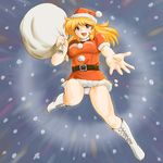  bikini blonde_hair blue_eyes boots breasts cross-laced_footwear emphasis_lines foreshortening hands hat lace-up_boots large_breasts long_hair lune_zoldark navel outstretched_arm outstretched_hand reaching sack santa_costume santa_hat shu-z side-tie_bikini skindentation snow solo super_robot_wars super_robot_wars_the_lord_of_elemental swimsuit 