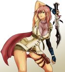  armpits belt blue_eyes breasts cape elbow_gloves erect_nipples female final_fantasy final_fantasy_xiii fingerless_gloves gloves gradient gradient_background lightning_(ff13) lightning_farron long_hair miniskirt momo_765 panties pantyshot pink_hair rirakukan skirt solo sword underwear weapon 