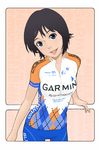  bike_jersey bike_shorts black_hair blue_eyes clothes_writing cyclist original pandaun short_hair smile solo sportswear 