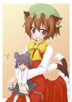  animal_ears brown_eyes brown_hair cat_ears cat_tail cheese chen earrings food grey_hair hat jewelry minigirl mouse_ears mouse_tail multiple_girls multiple_tails nazrin red_eyes short_hair tail takami_ryou touhou 