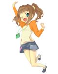  arm_up blue_eyes blush brown_hair child happy idolmaster idolmaster_(classic) miyoshino one_eye_closed raglan_sleeves skirt solo takatsuki_yayoi twintails waving 