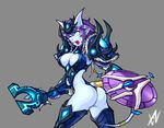  armor ass bad_id bad_pixiv_id banned_artist blue_eyes blue_skin breasts cleavage draenei glowing glowing_eyes horns large_breasts looking_back mace pointy_ears purple_hair shaman shield short_hair shoulder_pads simple_background solo tail warcraft weapon world_of_warcraft xil 