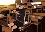  brown_hair chalkboard chewing_gum classroom copyright_request desk indoors katana kenja_tori kneehighs scarf school_desk school_uniform short_hair skirt sleeves_pushed_up socks solo sword weapon 