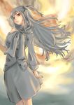  alternate_costume bad_id bad_pixiv_id bangs cloud cloudy_sky coat contemporary hair_bobbles hair_ornament hand_on_own_shoulder highres long_hair long_sleeves looking_at_viewer moon one_side_up red_eyes scarf shinki silver_coat silver_hair silver_skirt sky solo touhou touhou_(pc-98) vol.7 