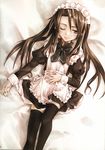  absurdres black_legwear blush copyright_request highres konoe_ototsugu long_hair lying maid maid_headdress one_eye_closed solo thighhighs 