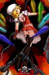 back blonde_hair blush chain cuffs flandre_scarlet gloves hat highres midriff panties ponytail red_eyes short_hair solo thighhighs torn_clothes torn_legwear touhou underwear wings x-boy 