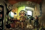  angry azito7 barefoot blonde_hair book cat child computer long_hair monitor oekaki_musume original pen room solo twintails 