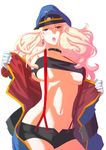  blonde_hair blue_eyes breasts gloves hat highres large_breasts long_hair macross macross_frontier md5_mismatch oono_tsutomu sheryl_nome shorts solo suspenders underboob 