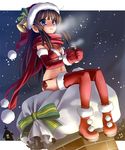  bell bikini blue_eyes boots breasts brown_hair christmas cleavage elbow_gloves gift gloves hat holding holding_gift katahira_masashi large_breasts long_hair original red_scarf santa_costume santa_hat scarf side-tie_bikini solo string_bikini swimsuit thighhighs 
