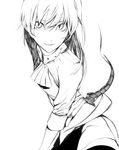  1girl ascot closed_mouth commentary_request flandre_scarlet greyscale long_hair looking_at_viewer monochrome onigunsou simple_background sleeves_rolled_up slit_pupils smile solo touhou white_background 