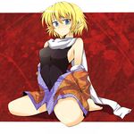  bad_id bad_pixiv_id barefoot blonde_hair breasts green_eyes large_breasts mizuhashi_parsee open_clothes open_shirt pointy_ears scarf shirt short_hair short_sleeves sleeveless solo touhou wedge 