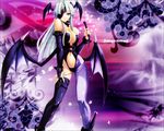  alternate_hair_color asymmetrical_clothes bare_shoulders bat_wings boots breasts buckle cleavage demon_girl elbow_gloves english eyepatch fingerless_gloves gloves green_eyes head_wings large_breasts legs long_hair midriff morrigan_aensland nail_polish official_art pantyhose purple shingo_(missing_link) single_thighhigh skin_tight slit_pupils smile solo star succubus tan text_focus thighhighs translated vampire_(game) wallpaper whip white_hair wings 