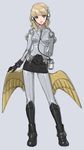  bad_id bad_pixiv_id blonde_hair bodysuit copyright_request green_eyes headphones long_hair sano_toshihide solo wings 