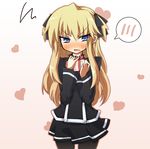  blonde_hair blue_eyes blush embarrassed fang gift heart holding holding_gift long_hair pantyhose quiz_magic_academy sasamashin school_uniform shalon skirt solo 