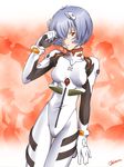 ann_yosh antenna_hair ayanami_rei bangs blue_hair bodysuit bracer breasts clenched_hand cowboy_shot expressionless gloves hair_ornament hair_over_one_eye hand_up highres neon_genesis_evangelion number pilot_suit plugsuit red_background red_eyes short_hair signature silhouette skinny small_breasts solo thigh_gap turtleneck white_bodysuit 