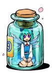  1girl blue_hair bottle bow cirno cork hair_bow in_bottle in_container jar moeshimo_(pixiv) purple_eyes short_hair solo touhou wings 