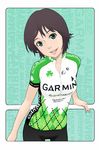  bike_jersey bike_shorts black_hair clothes_writing cyclist green_eyes original pandaun short_hair smile solo sportswear 