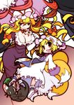  breasts cat chen chen_(cat) choker cleavage earrings elbow_gloves fox_tail gloves hat ikuta_takanon jewelry large_breasts multiple_girls multiple_tails tail touhou umbrella yakumo_ran yakumo_yukari younger 