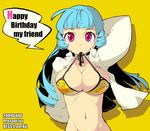  2009 ahoge bad_id bad_pixiv_id banned_artist bikini_top blue_hair bottomless breasts cleavage dated english happy_birthday large_breasts long_hair mouth_hold navel original pink_eyes solo xil yellow_background 