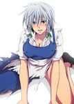  a-a blush braid breasts cleavage green_eyes izayoi_sakuya large_breasts short_hair silver_hair solo torn_clothes touhou twin_braids 