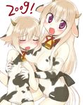  2girls animal_ears animal_print bell blush breast_envy breast_grab breasts cow_bell cow_ears cow_girl cow_print elbow_gloves fang flat_chest flat_chest_grab gloves grabbing halterneck horns long_hair medium_breasts miyoshino multiple_girls new_year one-piece_swimsuit original pink_hair purple_eyes school_swimsuit short_hair small_breasts swimsuit tears 